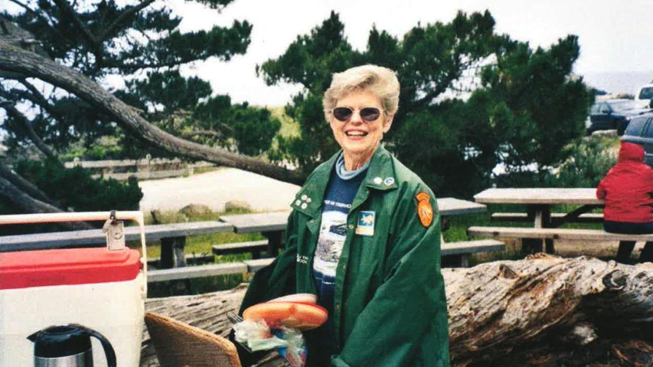 photo of sharon russell class of 1952 as a docent at Point Lobos State Reserve 